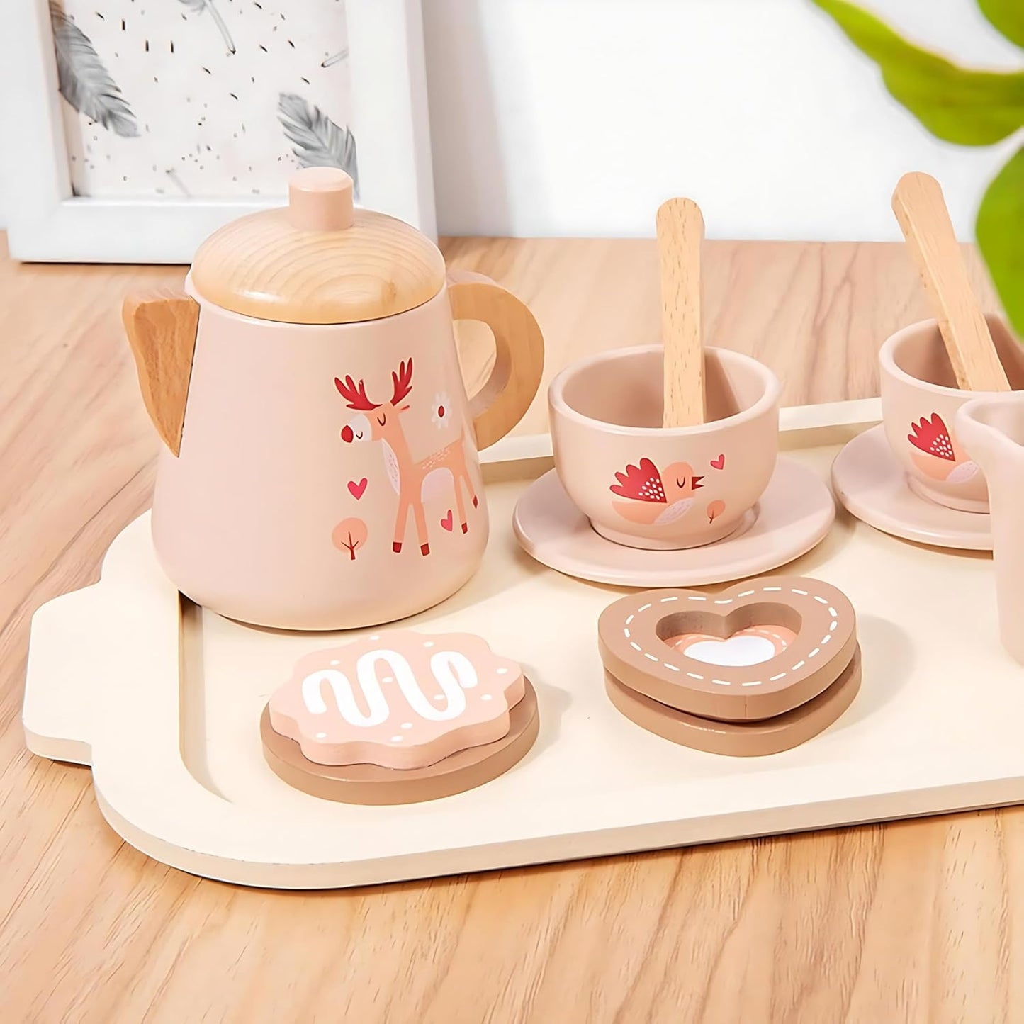Wooden Tea Party Set for Kids, Pink Pretend Play Kitchen Playset with Cups, Saucers, Teapot, Educational Montessori Toy for Children 3-5 Years