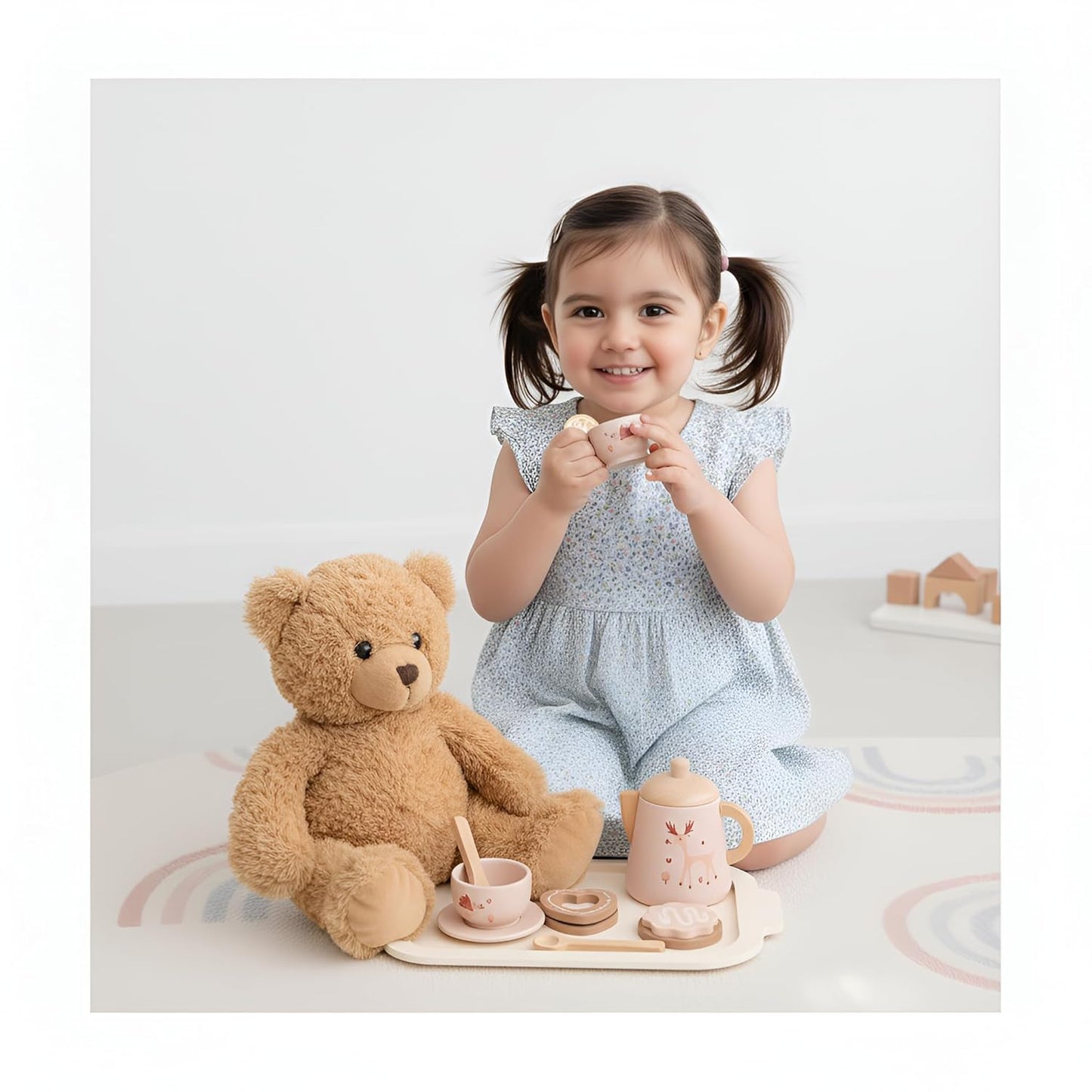 Wooden Tea Party Set for Kids, Pink Pretend Play Kitchen Playset with Cups, Saucers, Teapot, Educational Montessori Toy for Children 3-5 Years