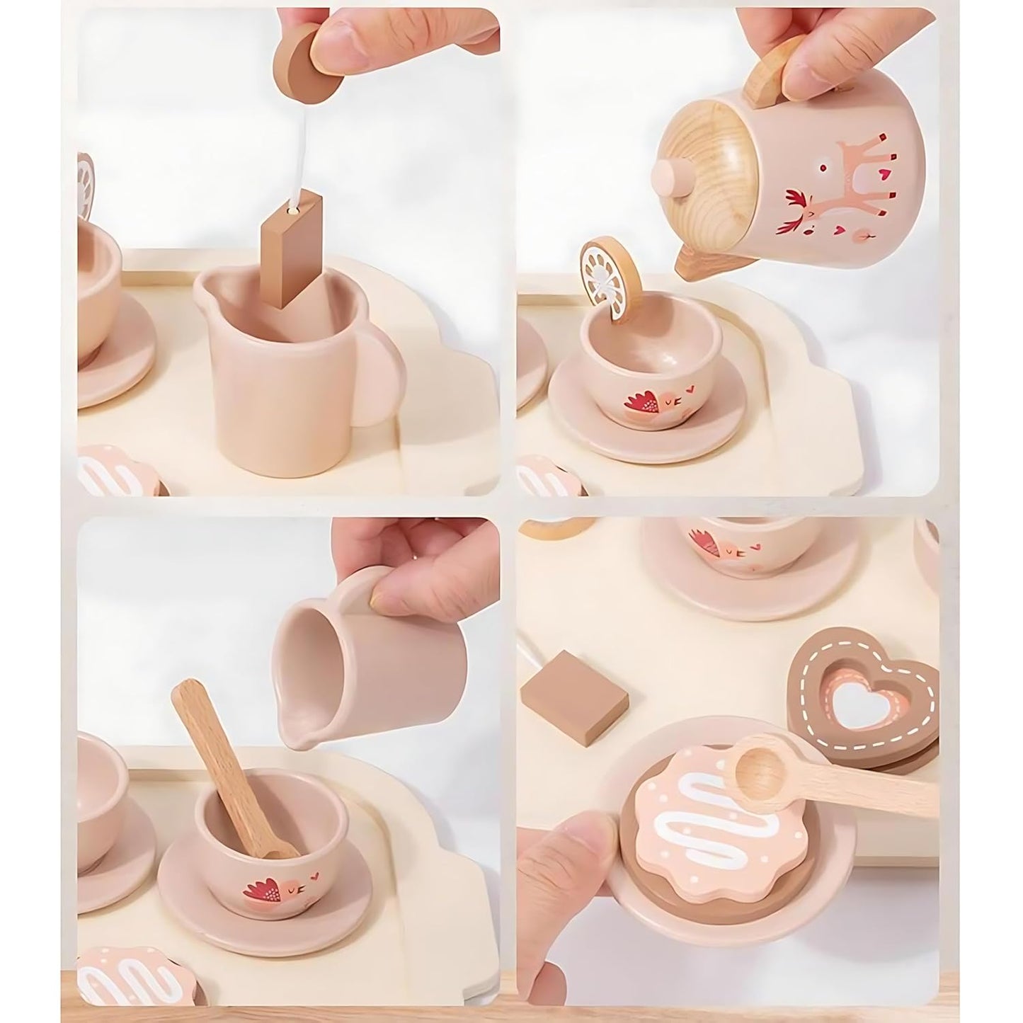 Wooden Tea Party Set for Kids, Pink Pretend Play Kitchen Playset with Cups, Saucers, Teapot, Educational Montessori Toy for Children 3-5 Years