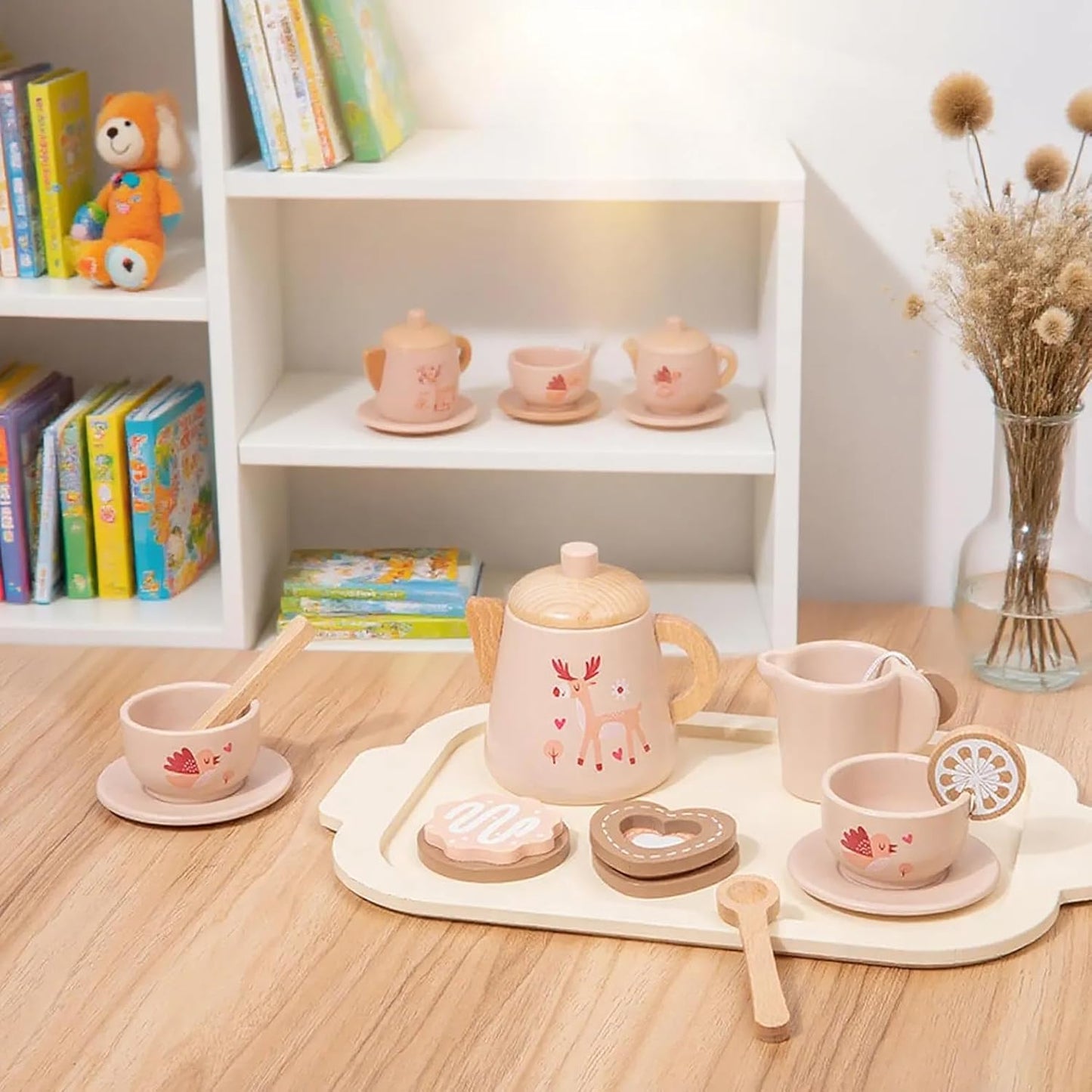 Wooden Tea Party Set for Kids, Pink Pretend Play Kitchen Playset with Cups, Saucers, Teapot, Educational Montessori Toy for Children 3-5 Years