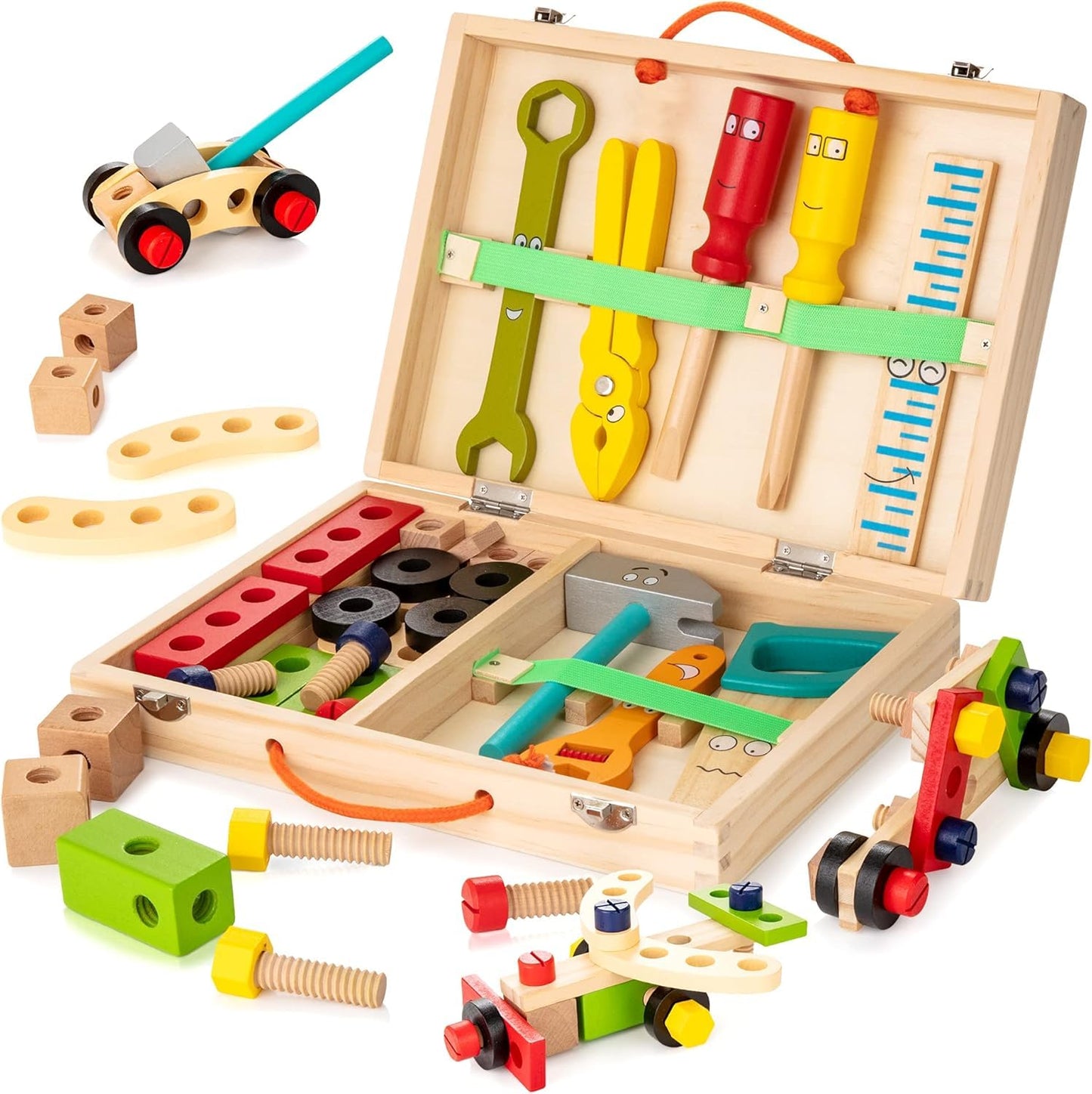 Wooden Tool Box Set ( 34 pcs ) for Kids, Montessori Educational STEM Construction Building Toys with Pretend Play Tools, Storage Case for Toddlers