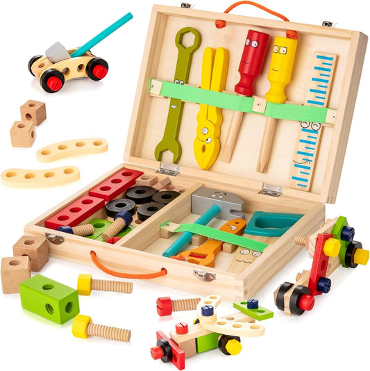 Wooden Tool Box Set ( 34 pcs ) for Kids, Montessori Educational STEM Construction Building Toys with Pretend Play Tools, Storage Case for Toddlers