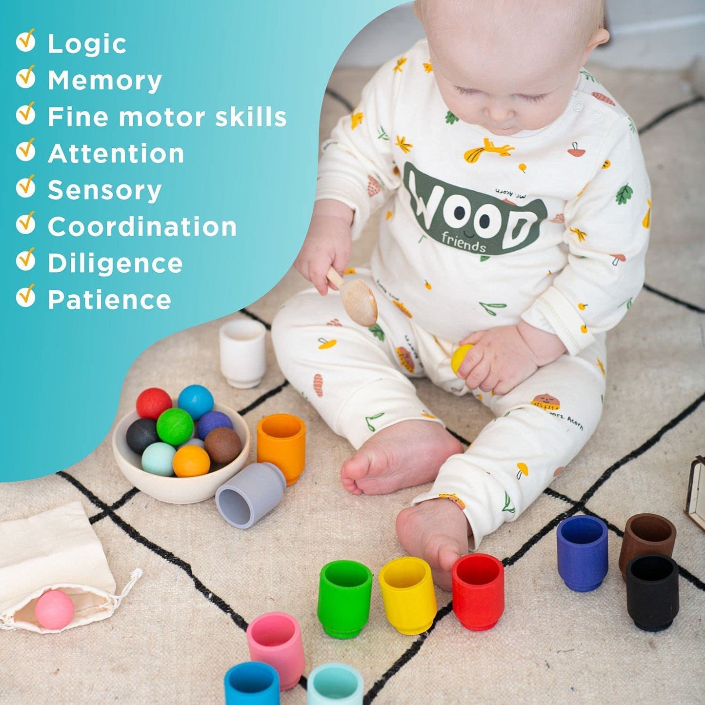 Wooden Sorting Toy Toddler Learning Activities 12 Balls & 12 Cups