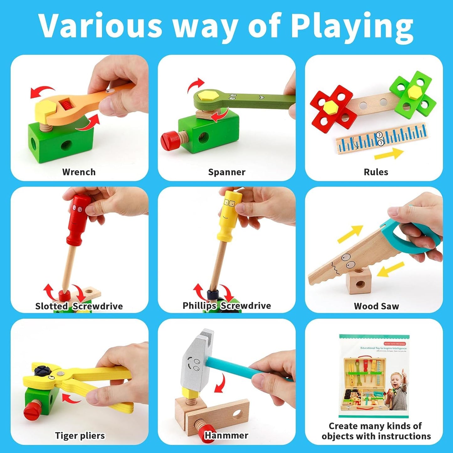 Wooden Tool Box Set ( 34 pcs ) for Kids, Montessori Educational STEM Construction Building Toys with Pretend Play Tools, Storage Case for Toddlers