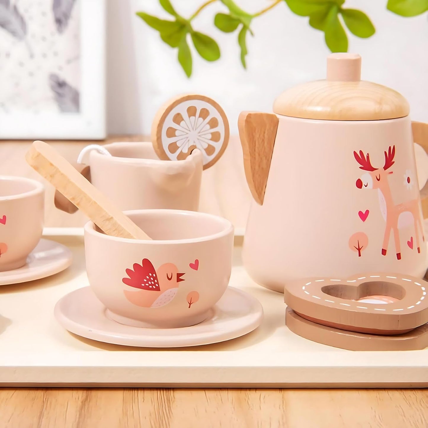 Wooden Tea Party Set for Kids, Pink Pretend Play Kitchen Playset with Cups, Saucers, Teapot, Educational Montessori Toy for Children 3-5 Years