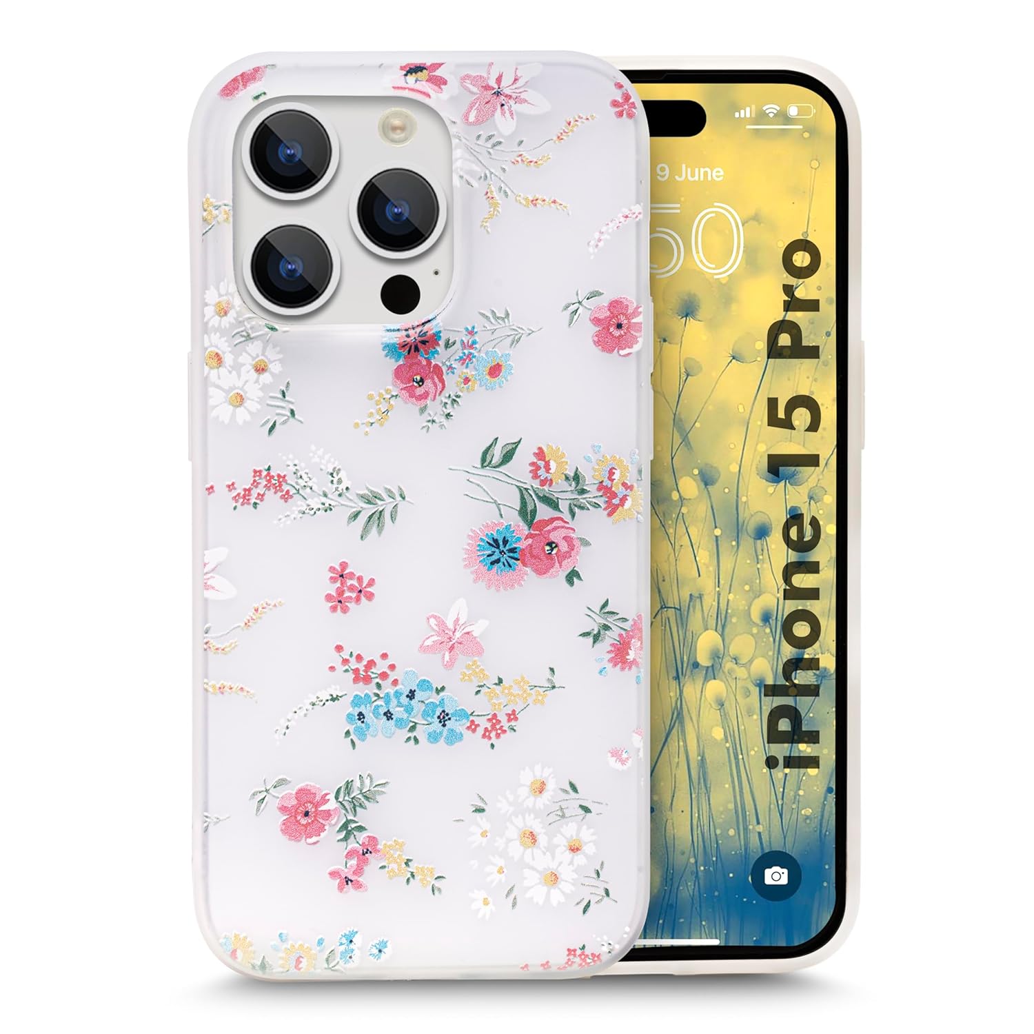 Soft Clear Silicone Case Glitter Floral Back Cover for iPhone 14 / 15