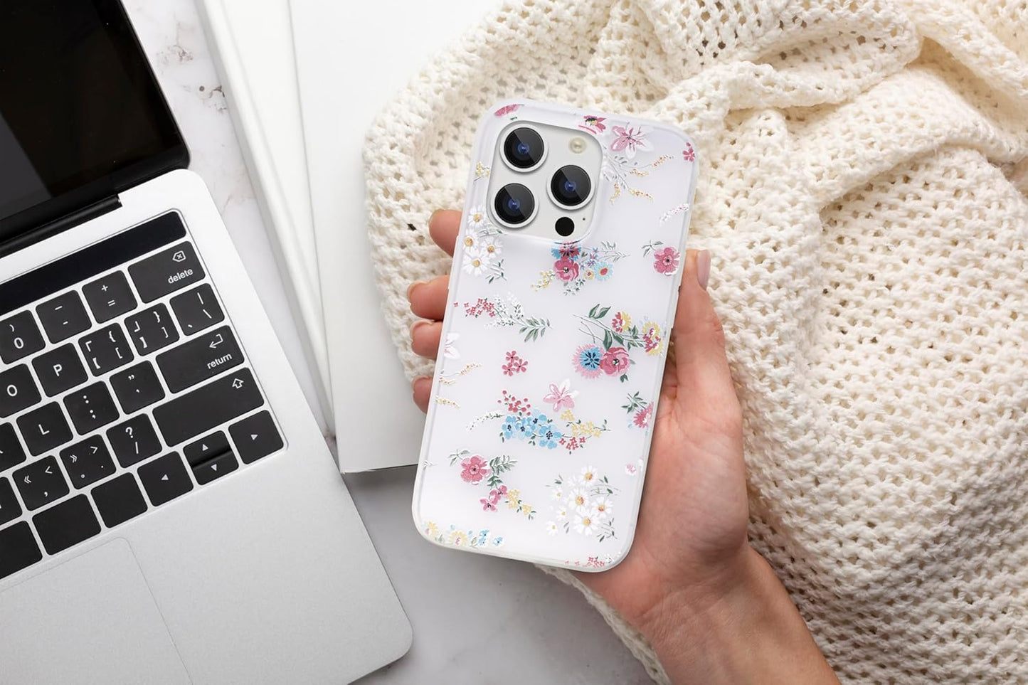 Soft Clear Silicone Case Glitter Floral Back Cover for iPhone 14 / 15