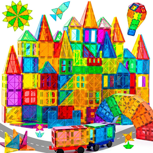 Set Of 100 Pcs Magnetic Building Tiles For Kids with 2 Car Chassis