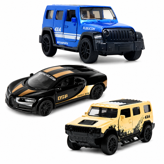 Die-Cast 3-Car Combo | Hummer, Jeep & Bugatti Pull Back