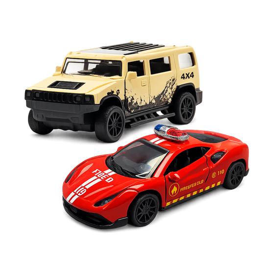 Die-Cast Hummer & Ferrari Fire Dept Car Combo | Pull Back Toys
