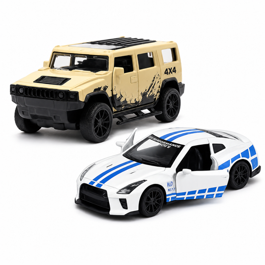 Die-Cast Hummer & Nissan  GT-R Racer Combo | Pull Back Toy Cars