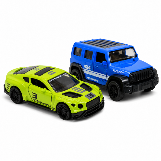 Die-Cast Jeep Rubicon & ADAC GT3 Racer Combo | Pull Back