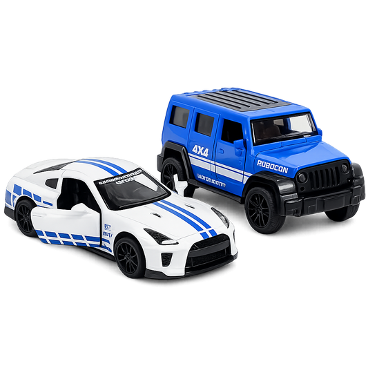 Die-Cast Jeep Rubicon & GT-R Racer Combo | Pull Back Cars
