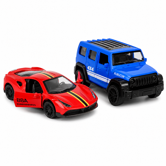 Die-Cast Jeep Rubicon & Ferrari Racer Combo | Pull Back
