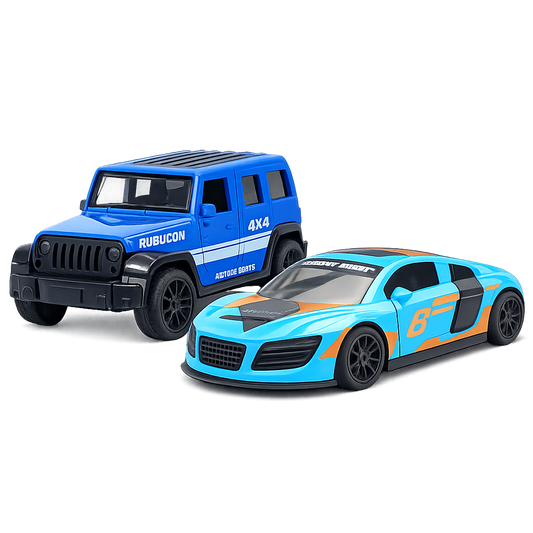 Die-Cast Jeep Rubicon & Audi R8 Racer Combo | Pull Back