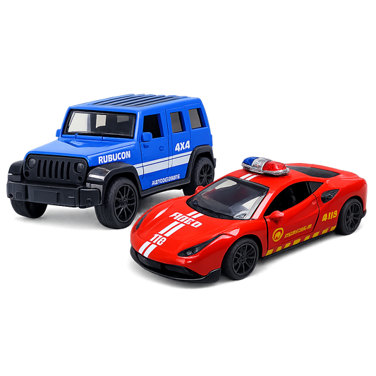 Die-Cast Jeep Rubicon & Fire Rescue Car Combo | Pull Back