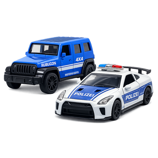 Die-Cast Jeep Rubicon & Polizei GT-R Combo | Pull Back