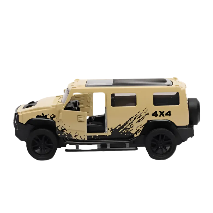 Rear view of beige die-cast Hummer 4x4 toy car