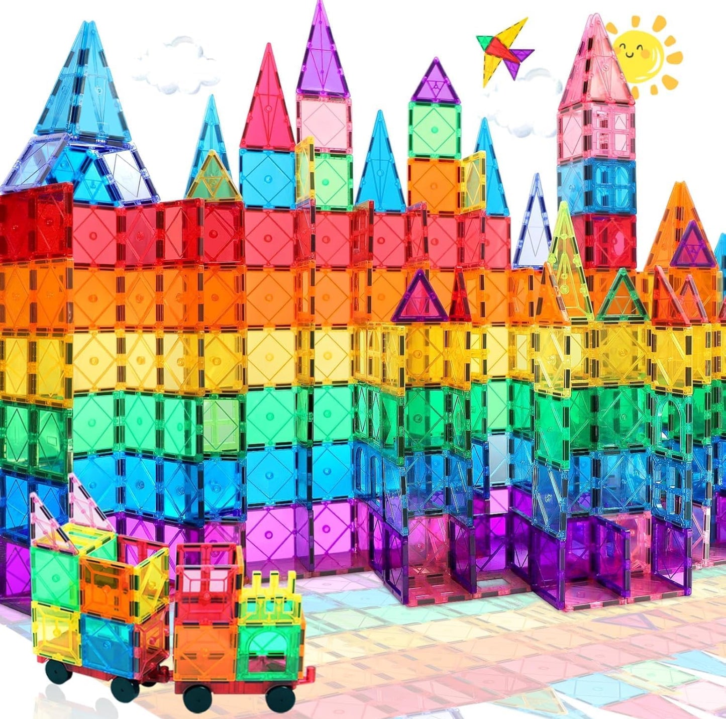 Set of  50 Pcs Magnetic Tiles with 2 Car Chassis for Kids, Educational Stacking Blocks for Boys Girls, Magnets Construction Toys,Stem (50 Big Tiles + 2 CAR Chassis)