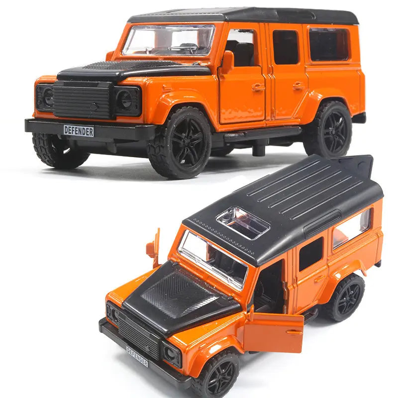 Orange Land Rover Defender 1:43 die-cast toy car dimensions - 10.8cm length, 4.6cm height, 4.5cm width