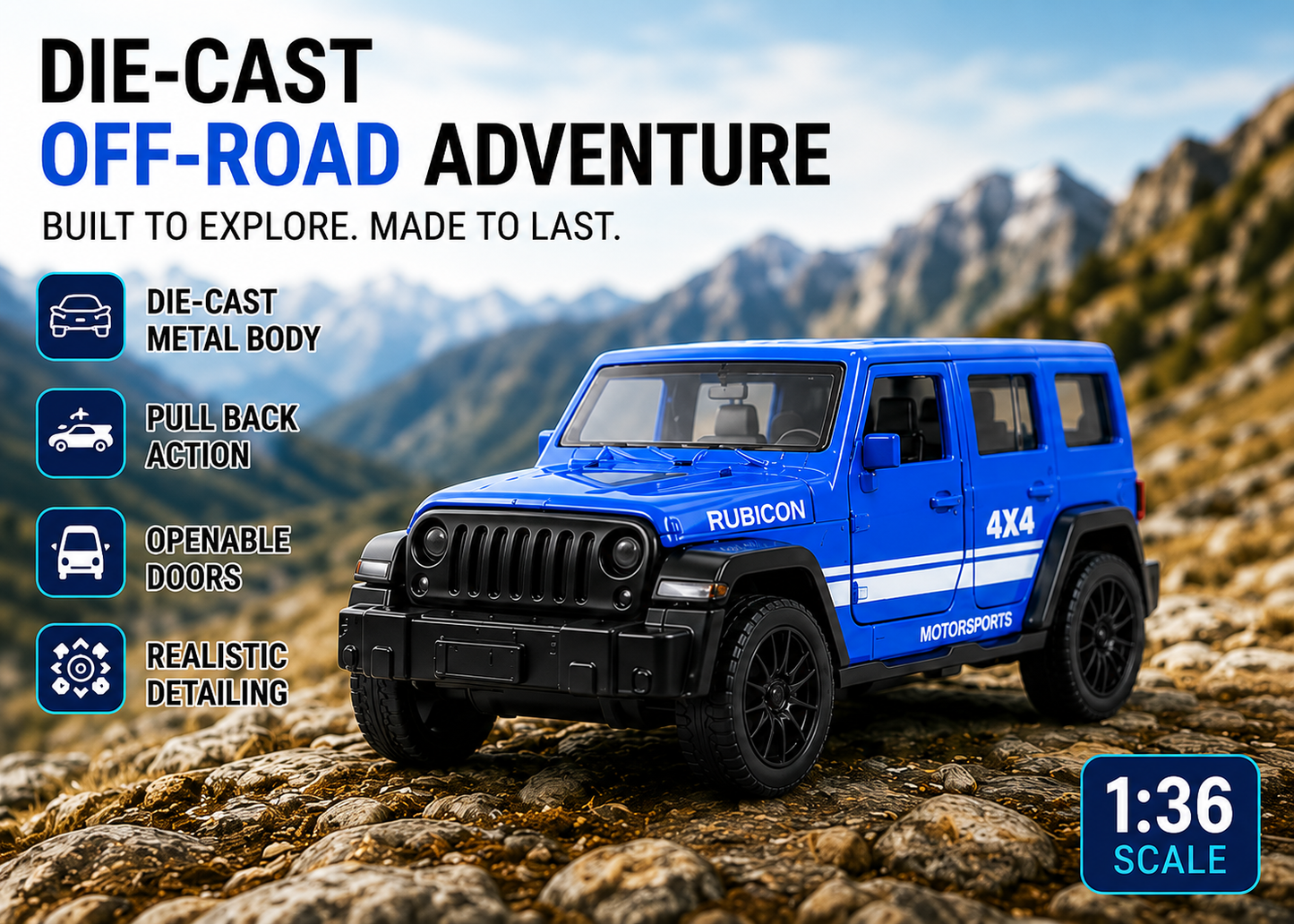 Jeep Rubicon 1:36 Die-Cast Metal Toy Car — Blue | Pull Back (Ages 3-7)