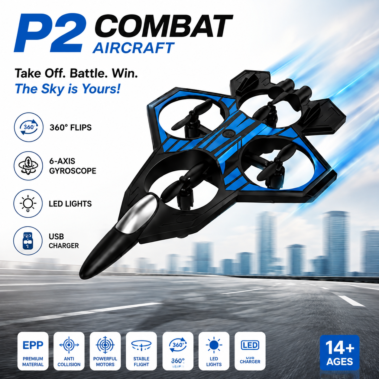 P2 Combat Aircraft RC Drone for Kids | 360° Flips, LED Lights & 6-Axis Gyroscope