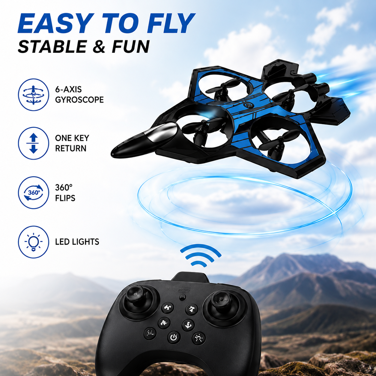 P2 Combat Aircraft RC Drone for Kids | 360° Flips, LED Lights & 6-Axis Gyroscope