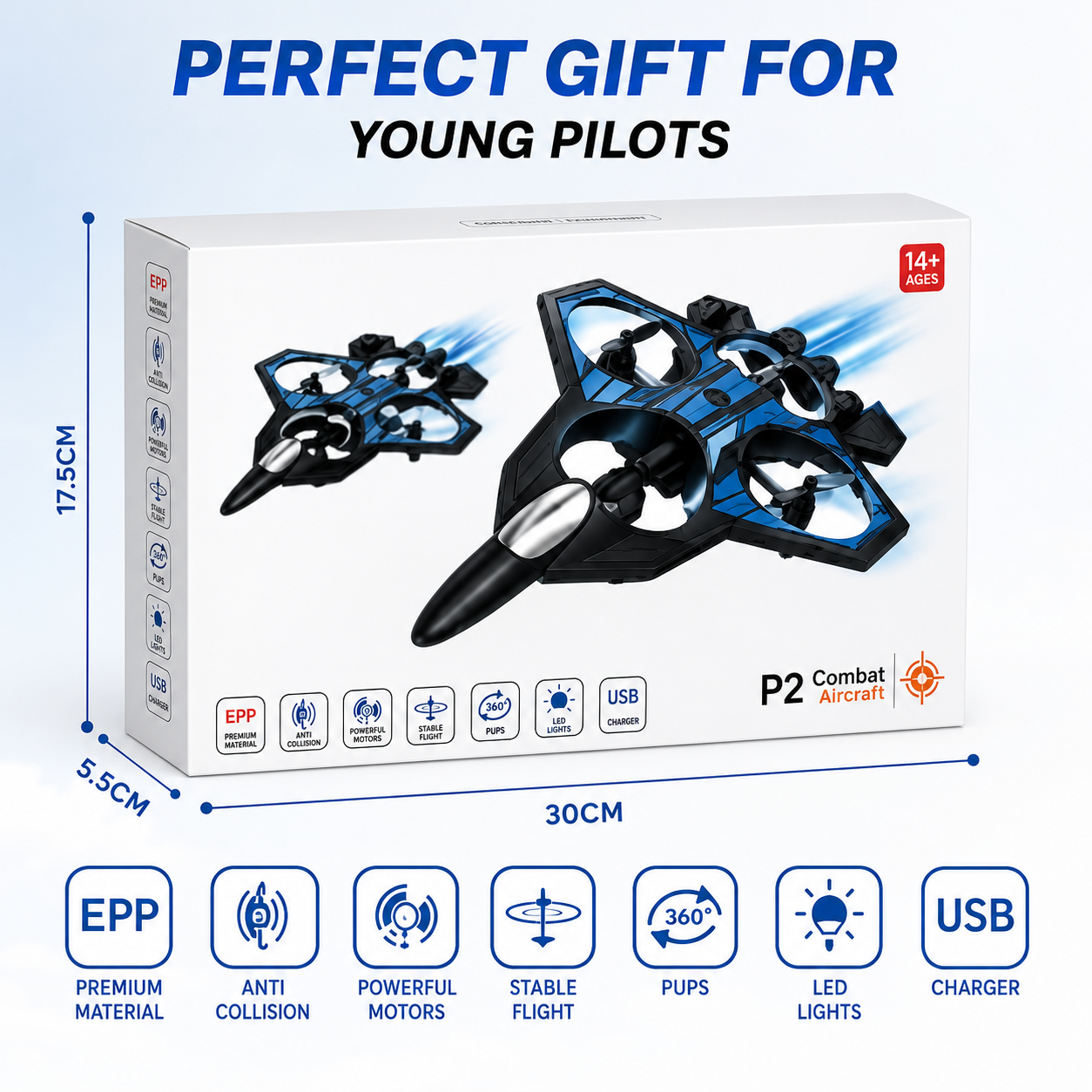 P2 Combat Aircraft RC Drone for Kids | 360° Flips, LED Lights & 6-Axis Gyroscope