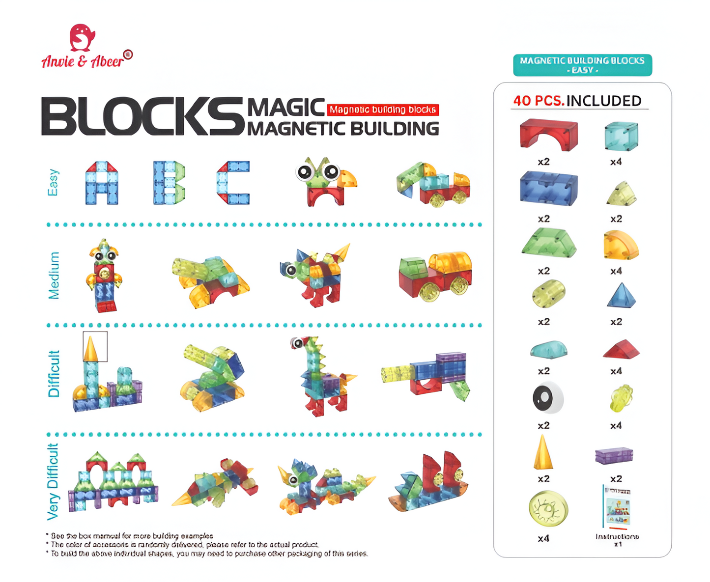 Magic Magnetic Blocks DIY Building Set (40 Pieces) - Colorful Magnetic building blocks Tiles for Kids