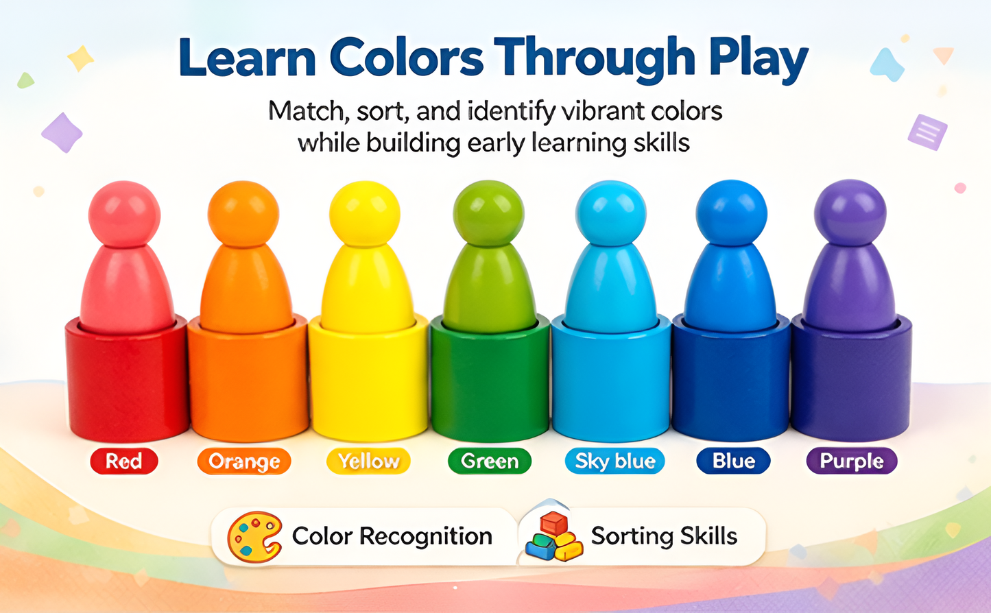 Wooden Peg Dolls in Bowl — 7 Rainbow Colours | Montessori Toy