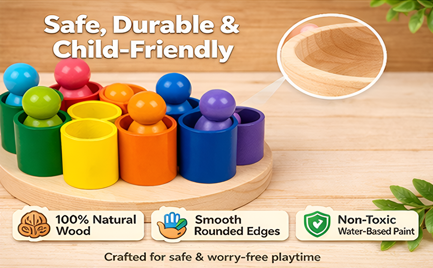 Wooden Peg Dolls in Bowl — 7 Rainbow Colours | Montessori Toy