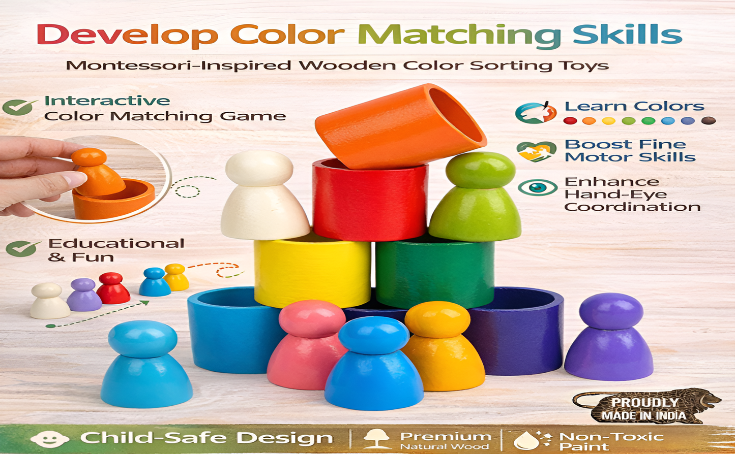 Wooden Peg Dolls in Bowl — 7 Rainbow Colours | Montessori Toy