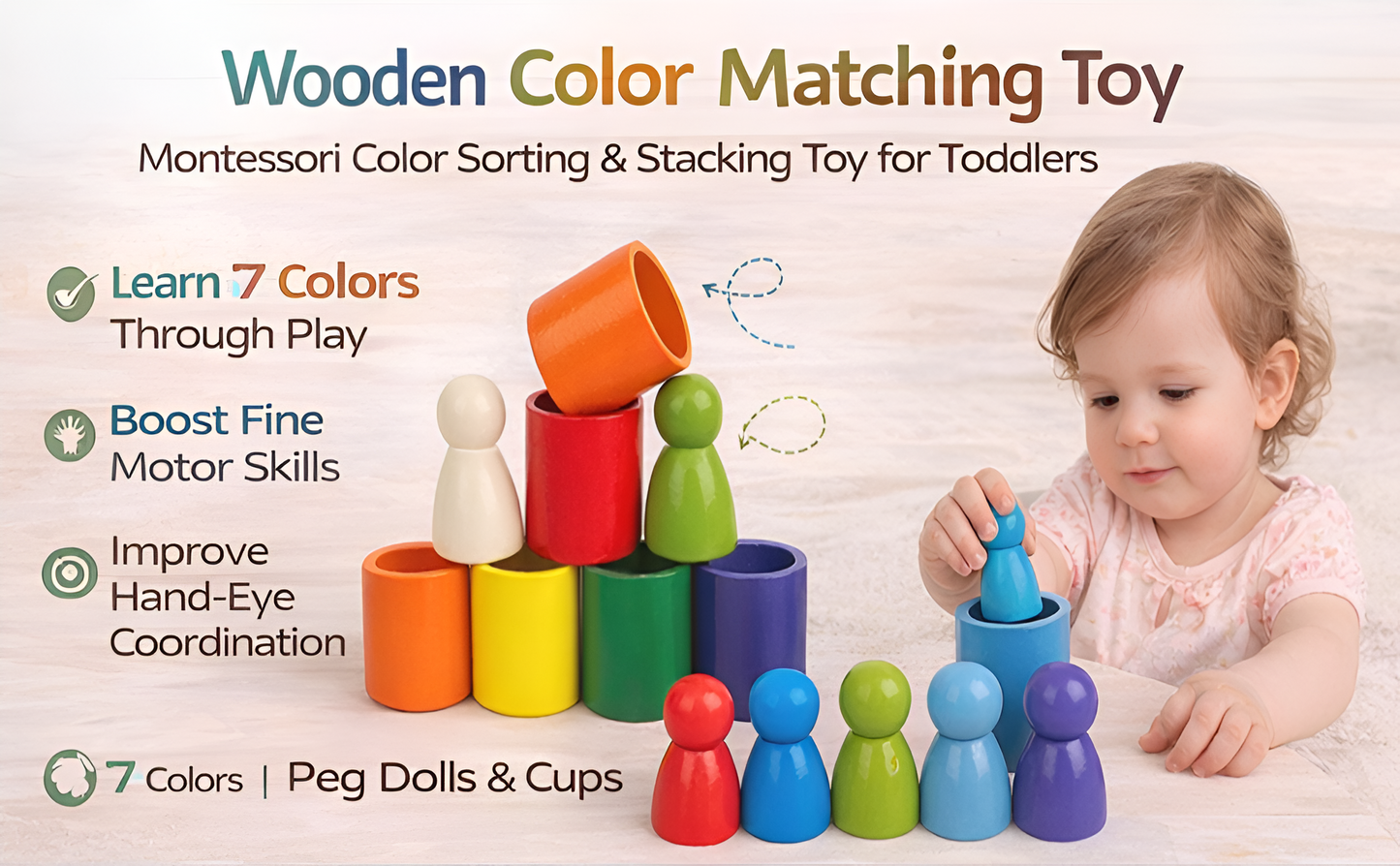 Wooden Peg Dolls in Bowl — 7 Rainbow Colours | Montessori Toy