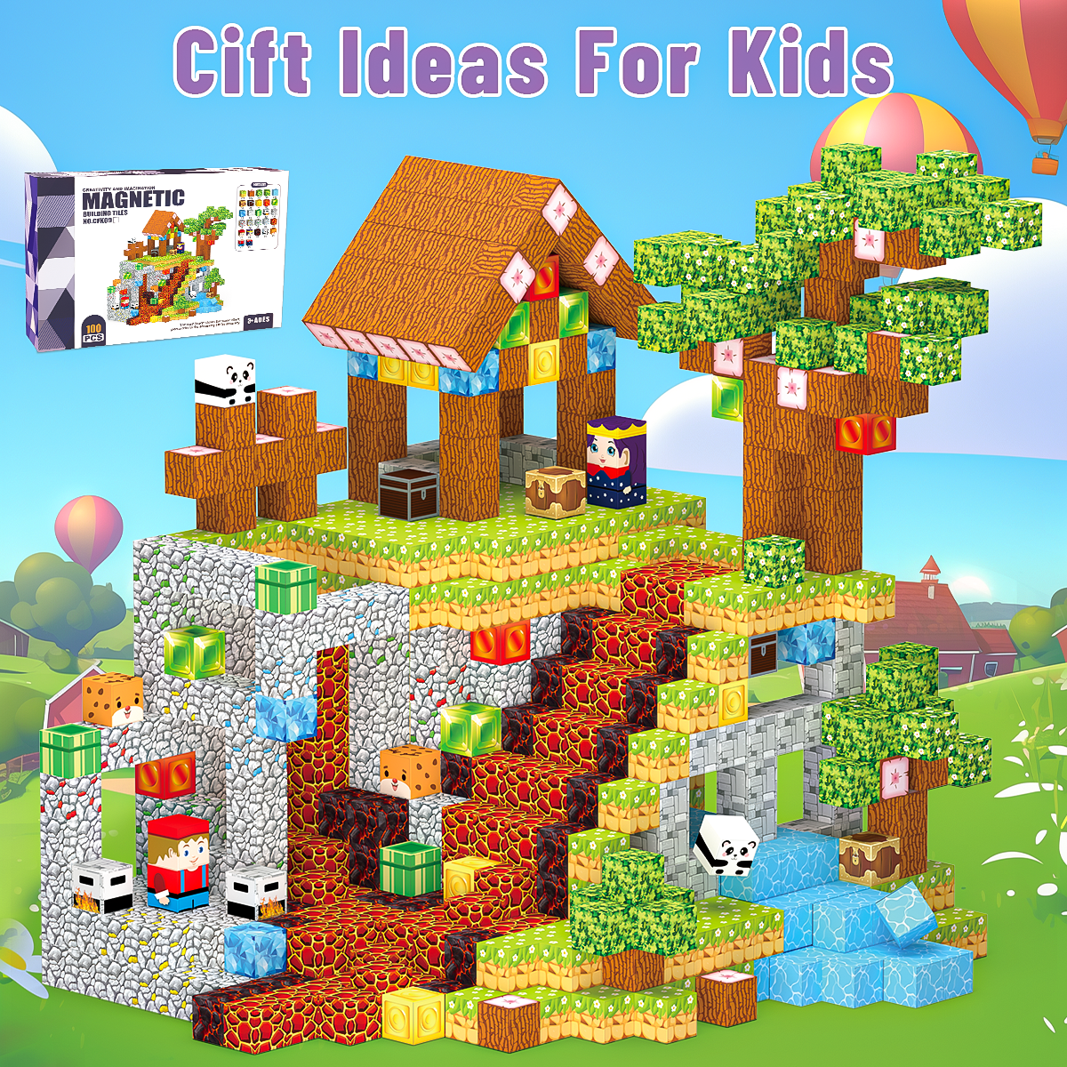 Minecraft 3D Magnetic Building Blocks – Village Theme | 100 Pieces | 2cm Cubes