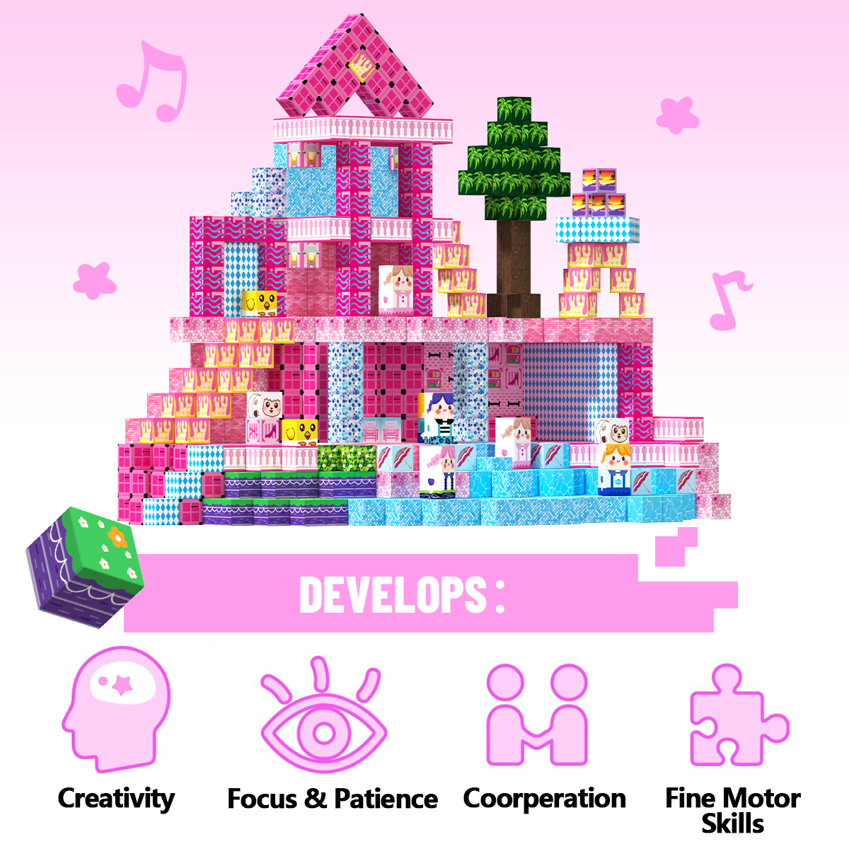 Minecraft 3D Magnetic Building Blocks – Pink Palace Theme | 100 Pieces | 2cm Cubes