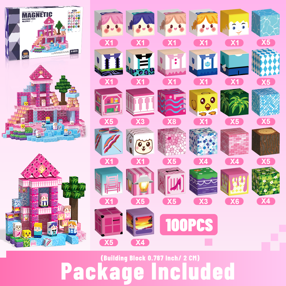 Minecraft 3D Magnetic Building Blocks – Pink Palace Theme | 100 Pieces | 2cm Cubes