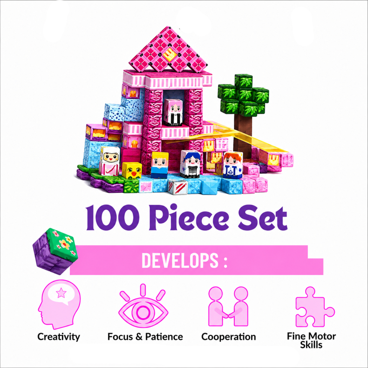 Minecraft 3D Magnetic Building Blocks – Pink Palace Theme | 100 Pieces | 2cm Cubes
