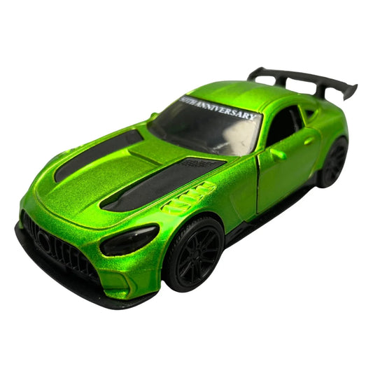 A green Mercedes-Benz AMG GTR die-cast metal toy car with black details and a pull-back function.